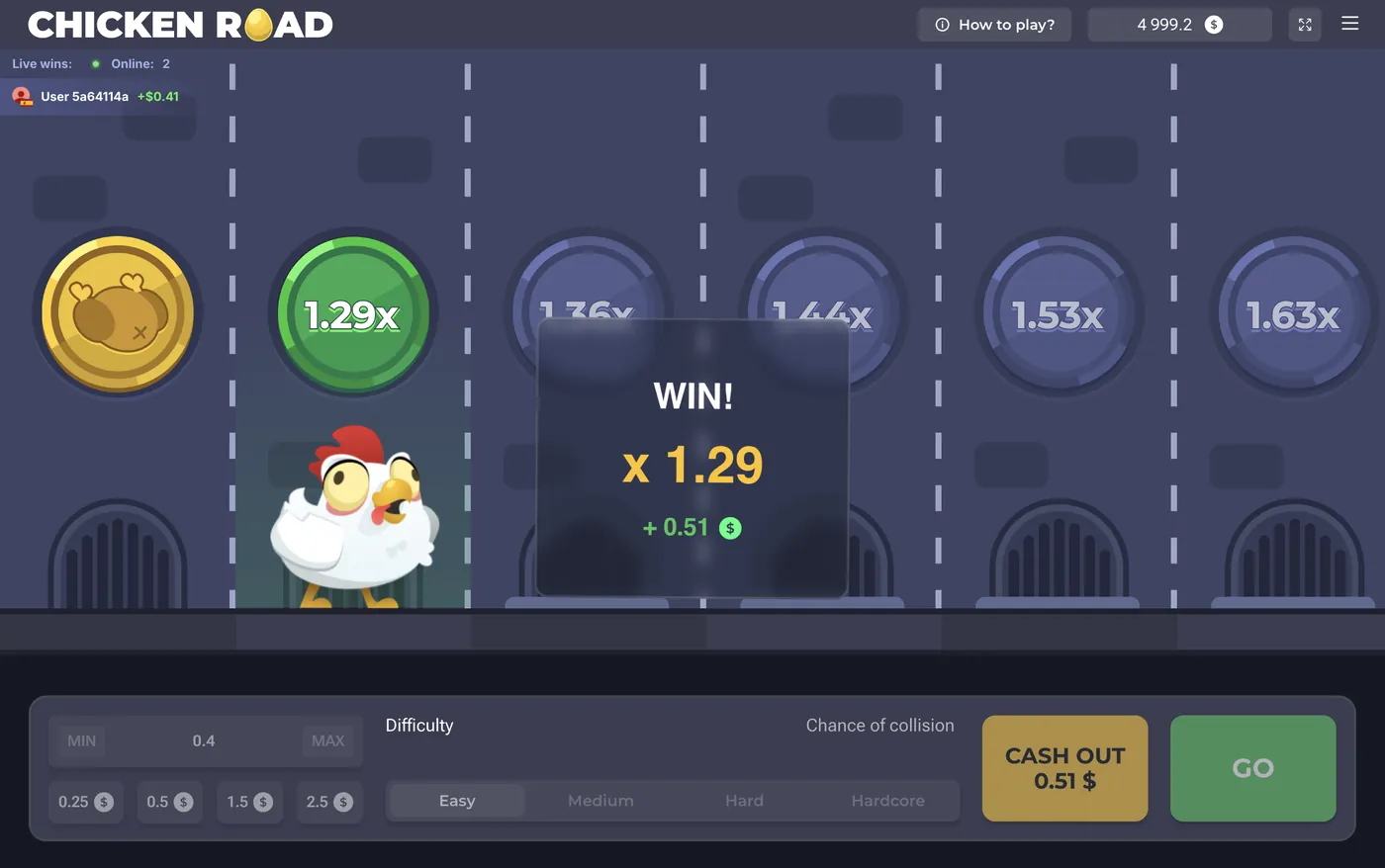 Chicken Road Gewinnanzeige nach einem Cash-Out bei 1,29-fachem Multiplikator